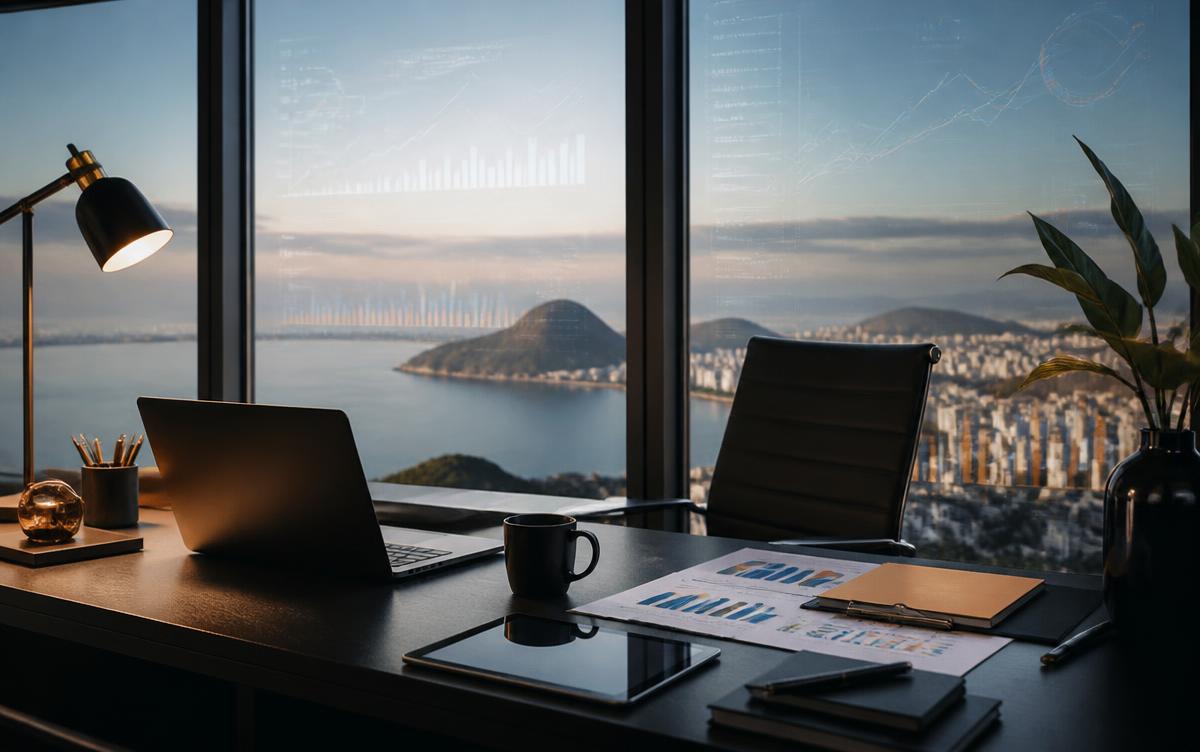 Escritório com vista urbana para a Baía de Guanabara